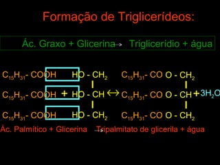 Formação de Triglicerídeos:

      Ác. Graxo + Glicerina          Triglicerídio + água


C15H31- COOH        HO - CH2       C15H31- CO O - CH2

C15H31- COOH     + HO - CH ↔ C15H31- CO O - CH + 3H2O
C15H31- COOH        HO - CH2       C15H31- CO O - CH2
Àc. Palmítico + Glicerina   Tripalmitato de glicerila + água
 