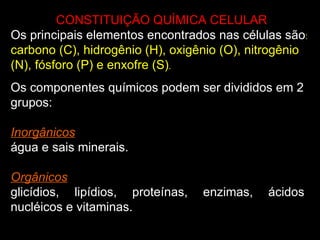 CONSTITUIÇÃO QUÍMICA CELULAR
Os principais elementos encontrados nas células são:
carbono (C), hidrogênio (H), oxigênio (O), nitrogênio
(N), fósforo (P) e enxofre (S).
Os componentes químicos podem ser divididos em 2
grupos:

Inorgânicos
água e sais minerais.

Orgânicos
glicídios, lipídios, proteínas,   enzimas,   ácidos
nucléicos e vitaminas.
 