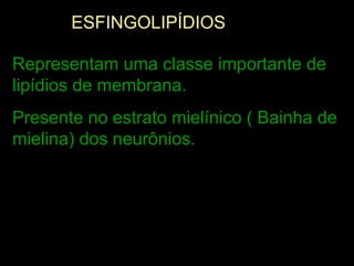 ESFINGOLIPÍDIOS

Representam uma classe importante de
lipídios de membrana.
Presente no estrato mielínico ( Bainha de
mielina) dos neurônios.
 