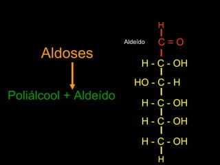 H
                       Aldeído   C=O
      Aldoses
                            H - C - OH
                          HO - C - H
Poliálcool + Aldeído
                            H - C - OH
                            H - C - OH

                            H - C - OH
                                 H
 