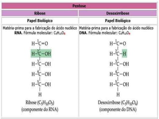 
 As hexoses e pentoses mais conhecidas, seus papeis
biológicos e as fontes de obtenção.
CLASSIFICAÇÃO DOS
CARBOIDRATO
 