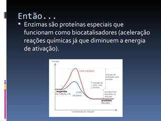 Então...
 Enzimas são proteínas especiais que
  funcionam como biocatalisadores (aceleração
  reações químicas já que diminuem a energia
  de ativação).
 