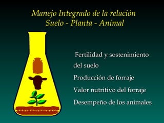 Manejo Integrado de la relación
Suelo - Planta - Animal

Fertilidad y sostenimiento
del suelo
Producción de forraje
Valor nutritivo del forraje
Desempeño de los animales

 