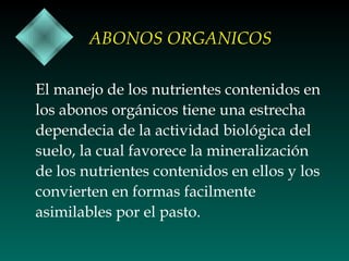 ABONOS ORGANICOS
El manejo de los nutrientes contenidos en
los abonos orgánicos tiene una estrecha
dependecia de la actividad biológica del
suelo, la cual favorece la mineralización
de los nutrientes contenidos en ellos y los
convierten en formas facilmente
asimilables por el pasto.

 