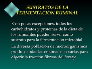 SUSTRATOS DE LA
FERMENTACION RUMINAL
Con pocas excepciones, todos los
carbohidratos y proteínas de la dieta de
los rumiantes pueden servir como
sustrato para la fermentación microbial.
La diversa población de microorganismos
produce todas las enzimas necesarias para
digerir la fracción fibrosa del forraje.

 