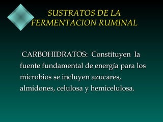 SUSTRATOS DE LA
FERMENTACION RUMINAL

CARBOHIDRATOS: Constituyen la
fuente fundamental de energía para los
microbios se incluyen azucares,
almidones, celulosa y hemicelulosa.

 