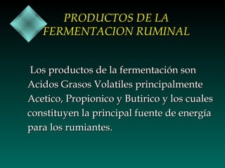 PRODUCTOS DE LA
FERMENTACION RUMINAL
Los productos de la fermentación son
Acidos Grasos Volatiles principalmente
Acetico, Propionico y Butirico y los cuales
constituyen la principal fuente de energía
para los rumiantes.

 