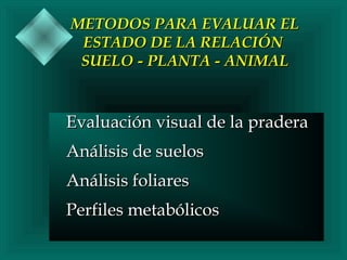 METODOS PARA EVALUAR EL
ESTADO DE LA RELACIÓN
SUELO - PLANTA - ANIMAL

Evaluación visual de la pradera
Análisis de suelos
Análisis foliares
Perfiles metabólicos

 
