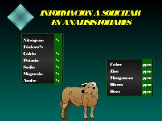 INF M
OR ACION A S ICITAR
OL
E ANAL ISF IAR S
N
IS OL E
Nitrógeno
Fósforo %
Calcio
Potasio
Sodio
Magnesio
Azufre

%
%
%
%
%
%

Cobre
Zinc
Manganeso
Hierro
Boro

ppm
ppm
ppm
ppm
ppm

 