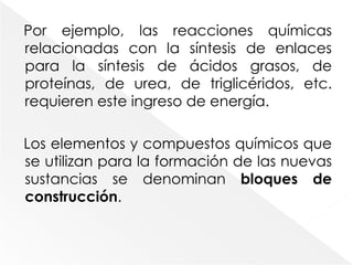 Por ejemplo, las reacciones químicas relacionadas con la síntesis de enlaces para la síntesis de ácidos grasos, de proteínas, de urea, de triglicéridos, etc. requieren este ingreso de energía.Los elementos y compuestos químicos que se utilizan para la formación de las nuevas sustancias se denominan bloques de construcción.