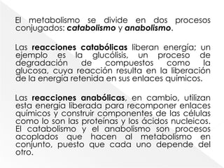 El metabolismo se divide en dos procesos conjugados: catabolismo y anabolismo. Las reacciones catabólicas liberan energía; un ejemplo es la glucólisis, un proceso de degradación de compuestos como la glucosa, cuya reacción resulta en la liberación de la energía retenida en sus enlaces químicos. Las reacciones anabólicas, en cambio, utilizan esta energía liberada para recomponer enlaces químicos y construir componentes de las células como lo son las proteínas y los ácidos nucleicos. El catabolismo y el anabolismo son procesos acoplados que hacen al metabolismo en conjunto, puesto que cada uno depende del otro.
