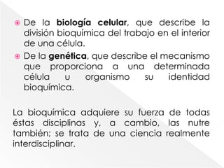 De la biología celular, que describe la división bioquímica del trabajo en el interior de una célula. De la genética, que describe el mecanismo que proporciona a una determinada célula u organismo su identidad bioquímica.La bioquímica adquiere su fuerza de todas éstas disciplinas y, a cambio, las nutre también; se trata de una ciencia realmente interdisciplinar. 