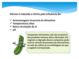 Nitrato é reduzido a nitrito pela influência de:
 Armazenagem incorreta de alimentos
 Temperaturas altas
 Baixa circulação de ar
 pH
Compostos nitrosantes, não são exclusivos
dos produtos cárneos, leite e derivados. Em
vegetais a migração desses compostos pode
ocorrer através da presença de nitrosaminas
no solo de cultivo ou na embalagem em que
o vegetal é armazenado,
 