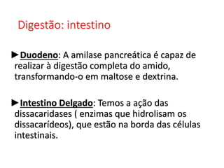Digestão: intestino
►Duodeno: A amilase pancreática é capaz de
realizar à digestão completa do amido,
transformando-o em maltose e dextrina.
►Intestino Delgado: Temos a ação das
dissacaridases ( enzimas que hidrolisam os
dissacarídeos), que estão na borda das células
intestinais.
 