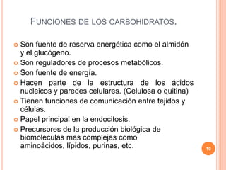FUNCIONES DE LOS CARBOHIDRATOS.
 Son fuente de reserva energética como el almidón
y el glucógeno.
 Son reguladores de procesos metabólicos.
 Son fuente de energía.
 Hacen parte de la estructura de los ácidos
nucleicos y paredes celulares. (Celulosa o quitina)
 Tienen funciones de comunicación entre tejidos y
células.
 Papel principal en la endocitosis.
 Precursores de la producción biológica de
biomoleculas mas complejas como
aminoácidos, lípidos, purinas, etc. 10
 