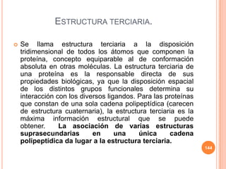 ESTRUCTURA TERCIARIA.
 Se llama estructura terciaria a la disposición
tridimensional de todos los átomos que componen la
proteína, concepto equiparable al de conformación
absoluta en otras moléculas. La estructura terciaria de
una proteína es la responsable directa de sus
propiedades biológicas, ya que la disposición espacial
de los distintos grupos funcionales determina su
interacción con los diversos ligandos. Para las proteínas
que constan de una sola cadena polipeptídica (carecen
de estructura cuaternaria), la estructura terciaria es la
máxima información estructural que se puede
obtener. La asociación de varias estructuras
suprasecundarias en una única cadena
polipeptídica da lugar a la estructura terciaria.
144
 