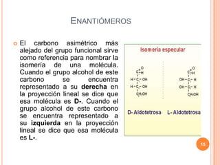 ENANTIÓMEROS
 El carbono asimétrico más
alejado del grupo funcional sirve
como referencia para nombrar la
isomería de una molécula.
Cuando el grupo alcohol de este
carbono se encuentra
representado a su derecha en
la proyección lineal se dice que
esa molécula es D-. Cuando el
grupo alcohol de este carbono
se encuentra representado a
su izquierda en la proyección
lineal se dice que esa molécula
es L-.
15
 