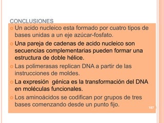 CONCLUSIONES
 Un acido nucleico esta formado por cuatro tipos de
bases unidas a un eje azúcar-fosfato.
 Una pareja de cadenas de acido nucleico son
secuencias complementarias pueden formar una
estructura de doble hélice.
 Las polimerasas replican DNA a partir de las
instrucciones de moldes.
 La expresión génica es la transformación del DNA
en moléculas funcionales.
 Los aminoácidos se codifican por grupos de tres
bases comenzando desde un punto fijo. 167
 