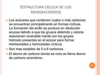 ESTRUCTURA CÍCLICA DE LOS
MONOSACÁRIDOS
 Los azúcares que contienen cuatro o más carbonos
se encuentran principalmente en formas cíclicas.
La formación del anillo se produce en disolución
acuosa debido a que los grupos aldehído y cetona
reaccionan reversible mente con los grupos
hidroxilo presentes en el azúcar para formar
hemiacetales y hemicetales cíclicos.
 Son mas estables de 5 a 6 carbonos.
 El átomo de carbono donde se cicla se llama átomo
de carbono anomérico.
21
 
