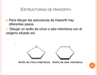 ESTRUCTURAS DE HAWORTH
 Para dibujar las estructuras de Haworth hay
diferentes pasos.
1. Dibujar un anillo de cinco o seis miembros con el
oxígeno situado así.
24
 