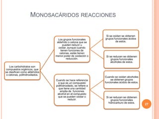 MONOSACÁRIDOS REACCIONES
Los carbohidratos son
compuestos orgánicos, que
se clasifican como aldehídos
o cetonas, polihidroxilados.
Los grupos funcionales
aldehído o cetona que se
pueden reducir u
oxidar, aunque cuando
tienen funciones de
cetonas, estás tienen
menor poder de oxidación o
reducción.
Si se oxidan se obtienen
grupos funcionales ácidos
de estos.
Si se reducen se obtienen
grupos funcionales
alcoholes de estos.
Cuando se hace referencia
a que es un compuesto
polihidroxilado, se refiere a
que tiene una cantidad
amplia de funciones
alcohol en el compuesto
que se pueden oxidar o
reducir.
Cuando se oxidan alcoholes
se obtienen grupos
funcionales ácidos de estos.
Si se reducen se obtienen
grupos funcionales
hidrocarburo de estos.
27
 