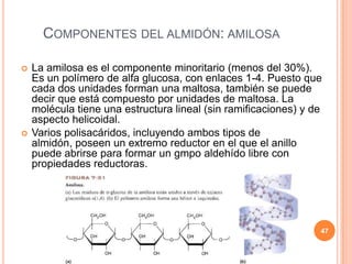 COMPONENTES DEL ALMIDÓN: AMILOSA
 La amilosa es el componente minoritario (menos del 30%).
Es un polímero de alfa glucosa, con enlaces 1-4. Puesto que
cada dos unidades forman una maltosa, también se puede
decir que está compuesto por unidades de maltosa. La
molécula tiene una estructura lineal (sin ramificaciones) y de
aspecto helicoidal.
 Varios polisacáridos, incluyendo ambos tipos de
almidón, poseen un extremo reductor en el que el anillo
puede abrirse para formar un gmpo aldehído libre con
propiedades reductoras.
47
 