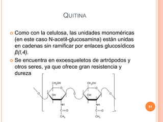 QUITINA
 Como con la celulosa, las unidades monoméricas
(en este caso N-acetil-glucosamina) están unidas
en cadenas sin ramificar por enlaces glucosídicos
β(l,4).
 Se encuentra en exoesqueletos de artrópodos y
otros seres, ya que ofrece gran resistencia y
dureza.
51
 