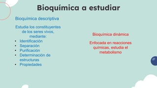 Bioquímica a estudiar
Bioquímica descriptiva
Bioquímica dinámica
Estudia los constituyentes
de los seres vivos,
mediante:
• Identificación
• Separación
• Purificación
• Determinación de
estructuras
• Propiedades
Enfocada en reacciones
químicas, estudia el
metabolismo
 