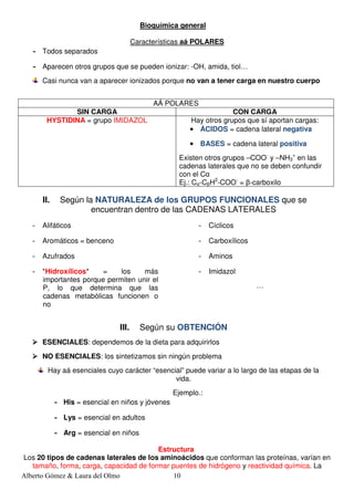 Bioquímica general

                                       Características aá POLARES
   - Todos separados

   - Aparecen otros grupos que se pueden ionizar: -OH, amida, tiol…
       Casi nunca van a aparecer ionizados porque no van a tener carga en nuestro cuerpo


                                             AÁ POLARES
               SIN CARGA                                             CON CARGA
        HYSTIDINA = grupo IMIDAZOL                      Hay otros grupos que sí aportan cargas:
                                                        • ÁCIDOS = cadena lateral negativa

                                                        • BASES = cadena lateral positiva
                                                    Existen otros grupos –COO- y –NH3+ en las
                                                    cadenas laterales que no se deben confundir
                                                    con el Cα
                                                    Ej.: Cα-CβH2-COO- = β-carboxilo

       II.    Según la NATURALEZA de los GRUPOS FUNCIONALES que se
                      encuentran dentro de las CADENAS LATERALES
   -   Alifáticos                                         -    Cíclicos

   -   Aromáticos = benceno                               -    Carboxílicos

   -   Azufrados                                          -    Aminos

   -   *Hidroxílicos*    =    los    más                  -    Imidazol
       importantes porque permiten unir el
       P, lo que determina que las                                            …
       cadenas metabólicas funcionen o
       no


                                III.     Según su OBTENCIÓN
       ESENCIALES: dependemos de la dieta para adquirirlos
       NO ESENCIALES: los sintetizamos sin ningún problema
         Hay aá esenciales cuyo carácter “esencial” puede variar a lo largo de las etapas de la
                                                vida.
                                                   Ejemplo.:
             - His = esencial en niños y jóvenes

             - Lys = esencial en adultos

             - Arg = esencial en niños

                                         Estructura
Los 20 tipos de cadenas laterales de los aminoácidos que conforman las proteínas, varían en
   tamaño, forma, carga, capacidad de formar puentes de hidrógeno y reactividad química. La
Alberto Gómez & Laura del Olmo                10
 