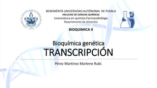 Bioquímica genética
TRANSCRIPCIÓN
Pérez Martínez Marlene Rubí.
BENEMÉRITA UNIVERSIDAD AUTÓNOMA DE PUEBLA
FACULTAD DE CIENCIAS QUÍMICAS
Licenciatura en químico Farmacobiólogo
Departamento de alimentos
BIOQUIMICA II
 