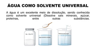 ÁGUA COMO SOLVENTE UNIVERSAL
A água é um excelente meio de dissolução, sendo conhecida
como solvente universal (Dissolve sais minerais, açúcar,
proteínas, entre outras substâncias.
 