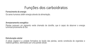 Funções dos carboidratos
Fornecimento de energia
Os seres humanos obtêm energia através da alimentação.
Armazenamento energético
Plantas possuem um pigmento verde chamado de clorofila, que é capaz de absorver a energia
luminosa proveniente do Sol.
Estruturação celular
A célula vegetal é a unidade formadora do tecido das plantas, sendo constituída de organelas e
material genético, delimitados por uma parede celular.
 