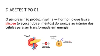 DIABETES TIPO 01
O pâncreas não produz insulina — hormônio que leva a
glicose (o açúcar dos alimentos) do sangue ao interior das
células para ser transformada em energia.
 