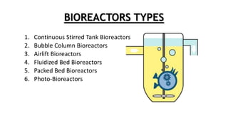 BIOREACTORS TYPES
1. Continuous Stirred Tank Bioreactors
2. Bubble Column Bioreactors
3. Airlift Bioreactors
4. Fluidized Bed Bioreactors
5. Packed Bed Bioreactors
6. Photo-Bioreactors
 