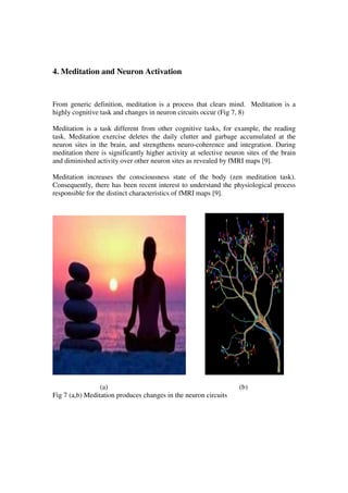 4. Meditation and Neuron Activation
From generic definition, meditation is a process that clears mind. Meditation is a
highly cognitive task and changes in neuron circuits occur (Fig 7, 8)
Meditation is a task different from other cognitive tasks, for example, the reading
task. Meditation exercise deletes the daily clutter and garbage accumulated at the
neuron sites in the brain, and strengthens neuro-coherence and integration. During
meditation there is significantly higher activity at selective neuron sites of the brain
and diminished activity over other neuron sites as revealed by fMRI maps [9].
Meditation increases the consciousness state of the body (zen meditation task).
Consequently, there has been recent interest to understand the physiological process
responsible for the distinct characteristics of fMRI maps [9].
(a) (b)
Fig 7 (a,b) Meditation produces changes in the neuron circuits
 