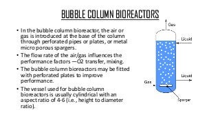 BUBBLE COLUMN BIOREACTORS
• In the bubble column bioreactor, the air or
gas is introduced at the base of the column
through perforated pipes or plates, or metal
micro porous spargers.
• The flow rate of the air/gas influences the
performance factors —O2 transfer, mixing.
• The bubble column bioreactors may be fitted
with perforated plates to improve
performance.
• The vessel used for bubble column
bioreactors is usually cylindrical with an
aspect ratio of 4-6 (i.e., height to diameter
ratio).
 