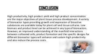 CONCLUSION
High productivity, high product yield and high product concentration
are the major objectives of plant tissue process development. A variety
of bioreactor types providing growth and expression of bioactive
substances are available today for plant cell and tissue cultures. Low
biomass and product level can be achieved in any type of bioreactors.
However, an improved understanding of the manifold interactions
between cultivated cells, product formation and the specific designs for
different bioreactor types will enhance and sustain high productivity
and also reduce the process costs.
 