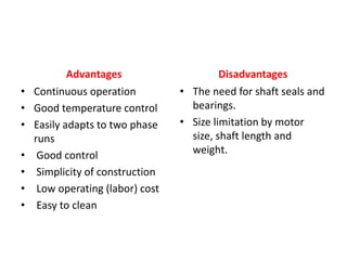 Advantages
• Continuous operation
• Good temperature control
• Easily adapts to two phase
runs
• Good control
• Simplicity of construction
• Low operating (labor) cost
• Easy to clean
Disadvantages
• The need for shaft seals and
bearings.
• Size limitation by motor
size, shaft length and
weight.
 