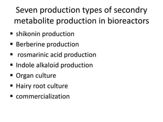 Seven production types of secondry
metabolite production in bioreactors
 shikonin production
 Berberine production
 rosmarinic acid production
 Indole alkaloid production
 Organ culture
 Hairy root culture
 commercialization
 