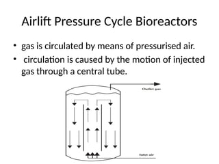 Airlift Pressure Cycle Bioreactors
• gas is circulated by means of pressurised air.
• circulation is caused by the motion of injected
gas through a central tube.
 