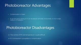 Photobioreactor Advantages
 Contamination is lower.
 It can be space-saving as it can be placed vertically, horizontally or at an angle,
indoors or outdoors
Photobioreactor Disadvantages
 The control of PH and temperature is quite difficult
 It is somewhere susceptible to contamination.
 