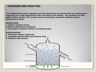 FlUIDIZED BED REACTOR;


 The fluidized bed reactor depends upon the attachment of particles that are maintained in
suspension by a high upward flow rate of the fluid to be treated. The particles are often
called biofilm carriers. The carriers may be sand grains, granular activated carbon,
diatomaceous earth.

ADVANTAGES:
1. Uniform particle mixing
2.Uniform temperature gradients
3. The ability to operate reactor in conitnuos state.

DISADVANTAGE:
1. Increased reactor vessel size
2. pumping requirements and pressure drop
3. Pressure loss scenario
 