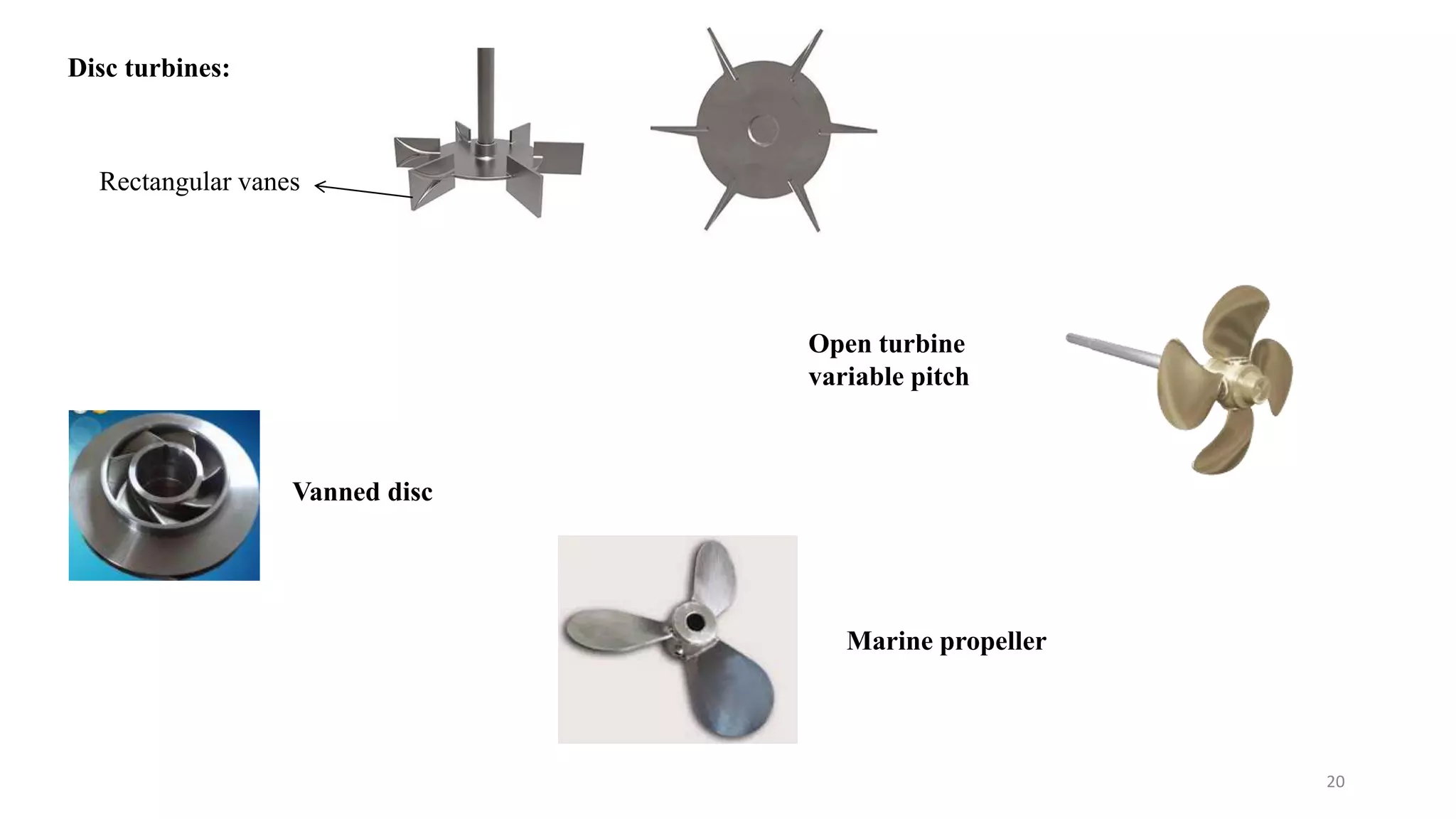 Disc turbines:
Rectangular vanes
Vanned disc
Open turbine
variable pitch
Marine propeller
20
 