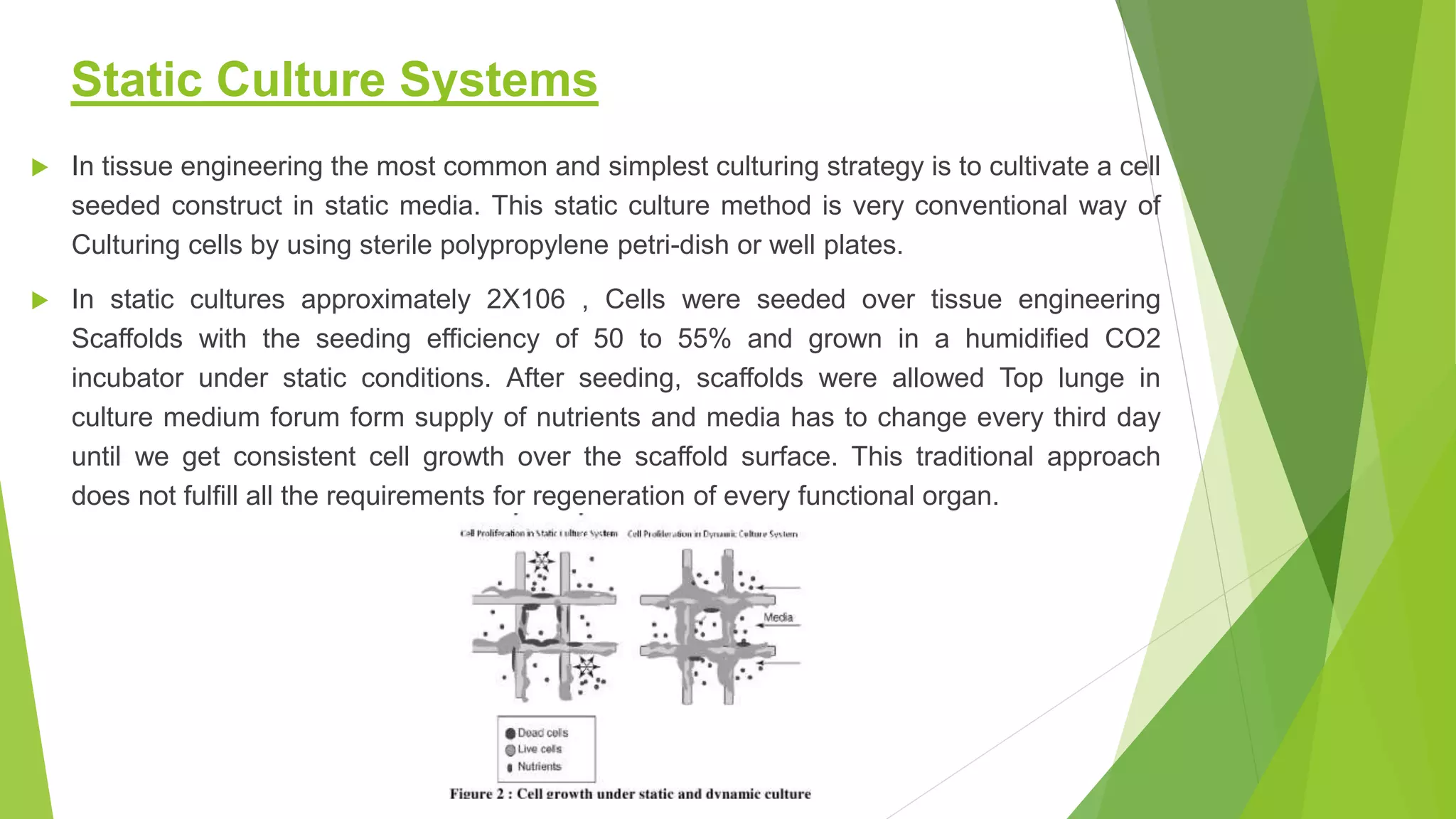 Static Culture Systems
 In tissue engineering the most common and simplest culturing strategy is to cultivate a cell
seeded construct in static media. This static culture method is very conventional way of
Culturing cells by using sterile polypropylene petri-dish or well plates.
 In static cultures approximately 2X106 , Cells were seeded over tissue engineering
Scaffolds with the seeding efficiency of 50 to 55% and grown in a humidified CO2
incubator under static conditions. After seeding, scaffolds were allowed Top lunge in
culture medium forum form supply of nutrients and media has to change every third day
until we get consistent cell growth over the scaffold surface. This traditional approach
does not fulfill all the requirements for regeneration of every functional organ.
 