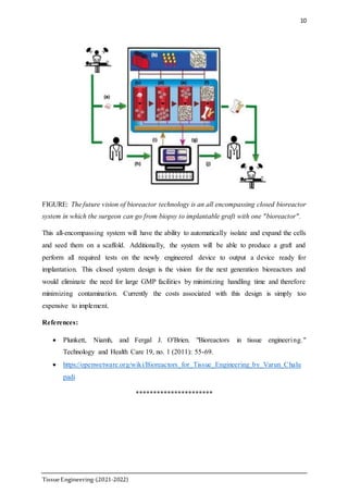 10
TissueEngineering-(2021-2022)
FIGURE: The future vision of bioreactor technology is an all encompassing closed bioreactor
system in which the surgeon can go from biopsy to implantable graft with one "bioreactor".
This all-encompassing system will have the ability to automatically isolate and expand the cells
and seed them on a scaffold. Additionally, the system will be able to produce a graft and
perform all required tests on the newly engineered device to output a device ready for
implantation. This closed system design is the vision for the next generation bioreactors and
would eliminate the need for large GMP facilities by minimizing handling time and therefore
minimizing contamination. Currently the costs associated with this design is simply too
expensive to implement.
References:
 Plunkett, Niamh, and Fergal J. O'Brien. "Bioreactors in tissue engineering."
Technology and Health Care 19, no. 1 (2011): 55-69.
 https://openwetware.org/wiki/Bioreactors_for_Tissue_Engineering_by_Varun_Chalu
padi
**********************
 