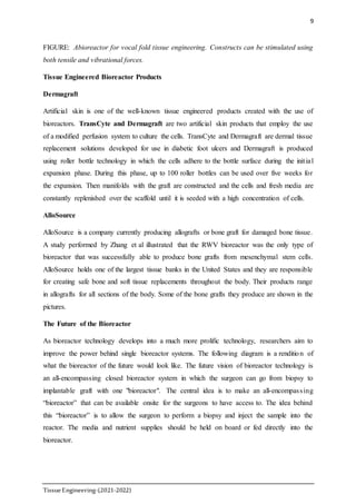 9
TissueEngineering-(2021-2022)
FIGURE: Abioreactor for vocal fold tissue engineering. Constructs can be stimulated using
both tensile and vibrational forces.
Tissue Engineered Bioreactor Products
Dermagraft
Artificial skin is one of the well-known tissue engineered products created with the use of
bioreactors. TransCyte and Dermagraft are two artificial skin products that employ the use
of a modified perfusion system to culture the cells. TransCyte and Dermagraft are dermal tissue
replacement solutions developed for use in diabetic foot ulcers and Dermagraft is produced
using roller bottle technology in which the cells adhere to the bottle surface during the initial
expansion phase. During this phase, up to 100 roller bottles can be used over five weeks for
the expansion. Then manifolds with the graft are constructed and the cells and fresh media are
constantly replenished over the scaffold until it is seeded with a high concentration of cells.
AlloSource
AlloSource is a company currently producing allografts or bone graft for damaged bone tissue.
A study performed by Zhang et al illustrated that the RWV bioreactor was the only type of
bioreactor that was successfully able to produce bone grafts from mesenchymal stem cells.
AlloSource holds one of the largest tissue banks in the United States and they are responsible
for creating safe bone and soft tissue replacements throughout the body. Their products range
in allografts for all sections of the body. Some of the bone grafts they produce are shown in the
pictures.
The Future of the Bioreactor
As bioreactor technology develops into a much more prolific technology, researchers aim to
improve the power behind single bioreactor systems. The following diagram is a rendition of
what the bioreactor of the future would look like. The future vision of bioreactor technology is
an all-encompassing closed bioreactor system in which the surgeon can go from biopsy to
implantable graft with one "bioreactor". The central idea is to make an all-encompassing
“bioreactor” that can be available onsite for the surgeons to have access to. The idea behind
this “bioreactor” is to allow the surgeon to perform a biopsy and inject the sample into the
reactor. The media and nutrient supplies should be held on board or fed directly into the
bioreactor.
 