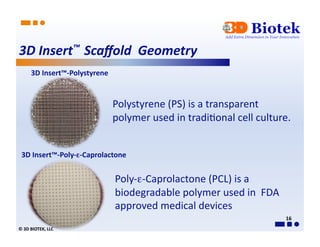 3D	
  Insert™	
  	
  Scaﬀold	
  	
  Geometry	
  
          3D	
  Insert™-­‐Polystyrene	
  



                                            Polystyrene	
  (PS)	
  is	
  a	
  transparent	
  
                                            polymer	
  used	
  in	
  tradi*onal	
  cell	
  culture.	
  


  3D	
  Insert™-­‐Poly-­‐ε-­‐Caprolactone	
  


                                            Poly-­‐ε-­‐Caprolactone	
  (PCL)	
  is	
  a	
  
                                            biodegradable	
  polymer	
  used	
  in	
  	
  FDA	
  
                                            approved	
  medical	
  devices	
  
                                                                                                    16	
  
©	
  3D	
  BIOTEK,	
  LLC	
  
 