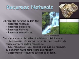 Recursos NaturaisOs recursos naturais podem ser:                  Recursos minerais;
