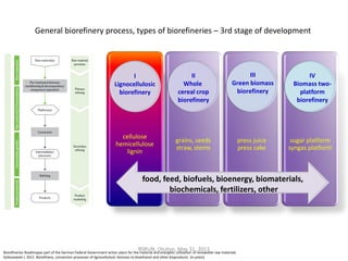 General biorefinery process, types of biorefineries – 3rd stage of development
cellulose
hemicellulose
lignin
grains, seeds
straw, stems
press juice
press cake
sugar platform
syngas platform
I
Lignocellulosic
biorefinery
II
Whole
cereal crop
biorefinery
III
Green biomass
biorefinery
IV
Biomass two-
platform
biorefinery
food, feed, biofuels, bioenergy, biomaterials,
biochemicals, fertilizers, other
Biorefineries Roadmapas part of the German Federal Government action plans for the material and energetic utilisation of renewable raw materials
Gołaszewski J. 2011. Biorefinery, conversion processes of lignocellulosic biomass to bioethanol and other bioproducts. (in press)
BSRUN, Olsztyn, May 31, 2013
 