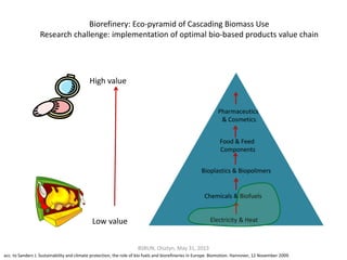Biorefinery: Eco-pyramid of Cascading Biomass Use
Research challenge: implementation of optimal bio-based products value chain
acc. to Sanders J. Sustainability and climate protection, the role of bio fuels and biorefineries in Europe. Biomotion. Hannover, 12 November 2009.
Electricity & Heat
Chemicals & Biofuels
Bioplastics & Biopolimers
Food & Feed
Components
Pharmaceutics
& Cosmetics
Low value
High value
BSRUN, Olsztyn, May 31, 2013
 